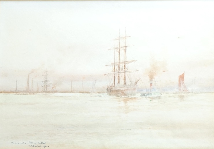 William Minshall Birchall (1884-1941), watercolour, ‘Towing out passing Purfleet, 1921’, signed, inscribed and dated, 17 x 23cm